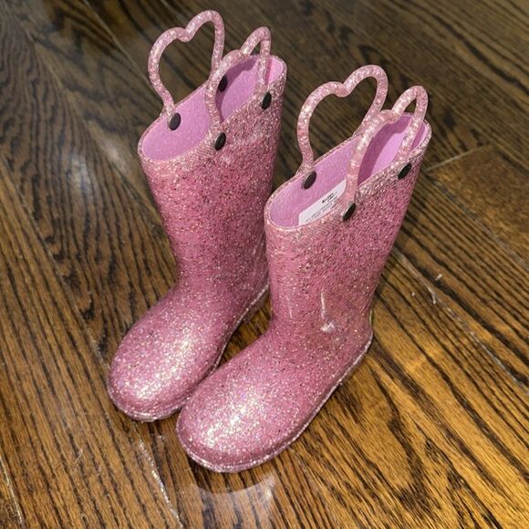 Pink Glitter Heart Handle Rain Boots 6 - Picture 3 of 5